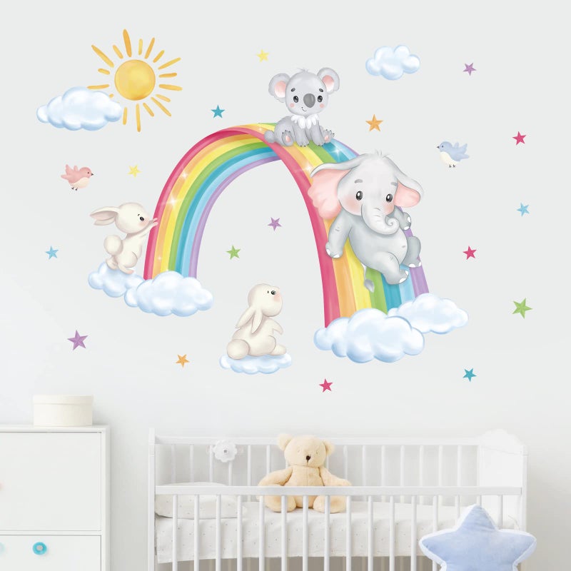 decalmile Rainbow Animal Wall Decals Elephant Koala Rabbit Clouds Wall Stickers Baby Nursery Kids Room Living Room Wall Decor - Image 2